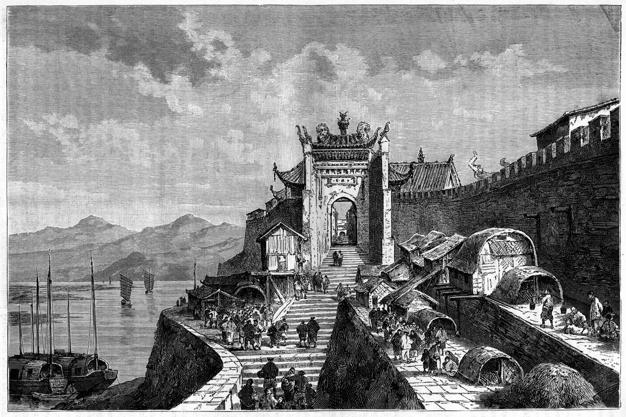 Pohled na Šanghajskou bránu na řece Huangpu, Čína v letech 1870-1880. Rytina podle kresby od Webera v „Le Tour du Monde, Nouveau journal des Voyages“, editoval Edouard Charton, Paříž od Theodore Weber