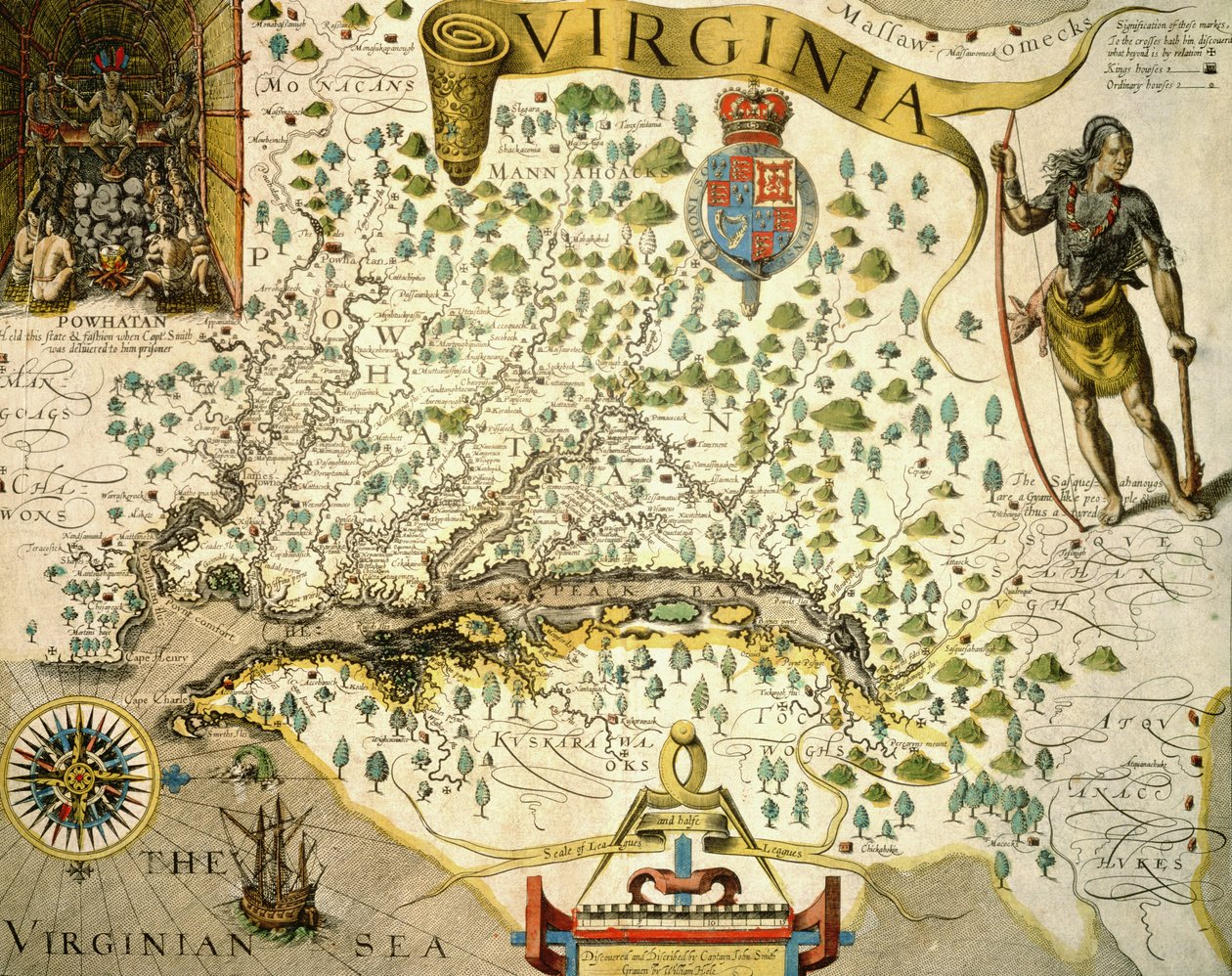 Sloane MS 1622 Mapa Virginie, vlevo nahoře obrázek náčelníka Powhatana od Johna Smithe (1580-1631) 1624 (ručně kolorovaná rytina) od Theodore de (after) Bry