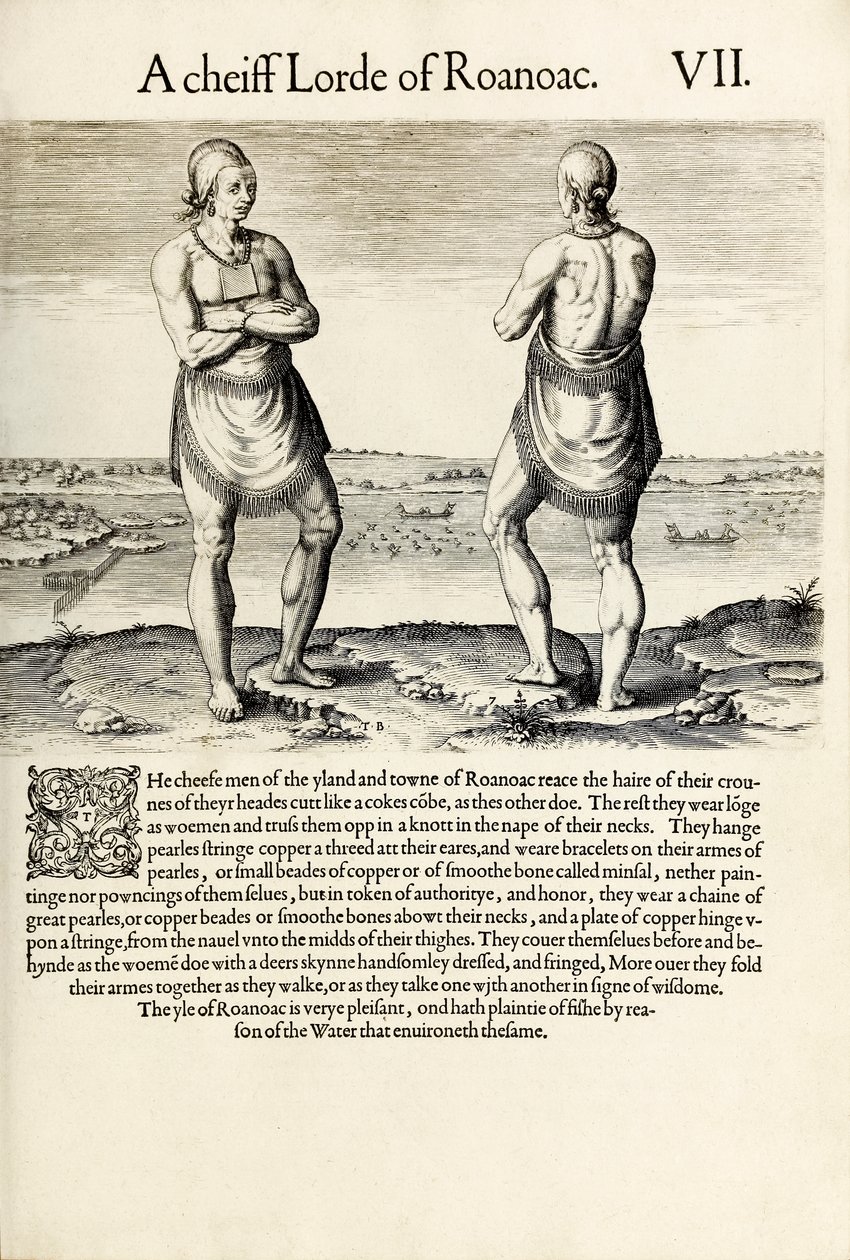„A Chief Lord of Roanoac“, z „Stručná a pravdivá zpráva o nově nalezené zemi Virginie“ od Thomase Harriota (rytina) od Theodore de Bry