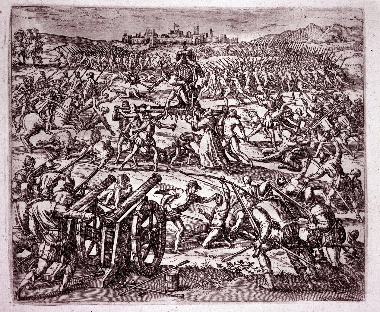 Dominikánský mnich, který se cítí zesměšňován inckým králem Atahualpou (Atabaliba), povzbuzuje Francisca Pizarra, aby se pomstil (Rytina od Theodore de Bry