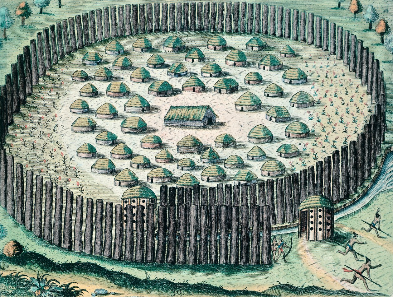 Opevněná indiánská vesnice, Ilustrace z Rozpravy na Floridě, Theodore de Bry, rytina od Theodore de Bry