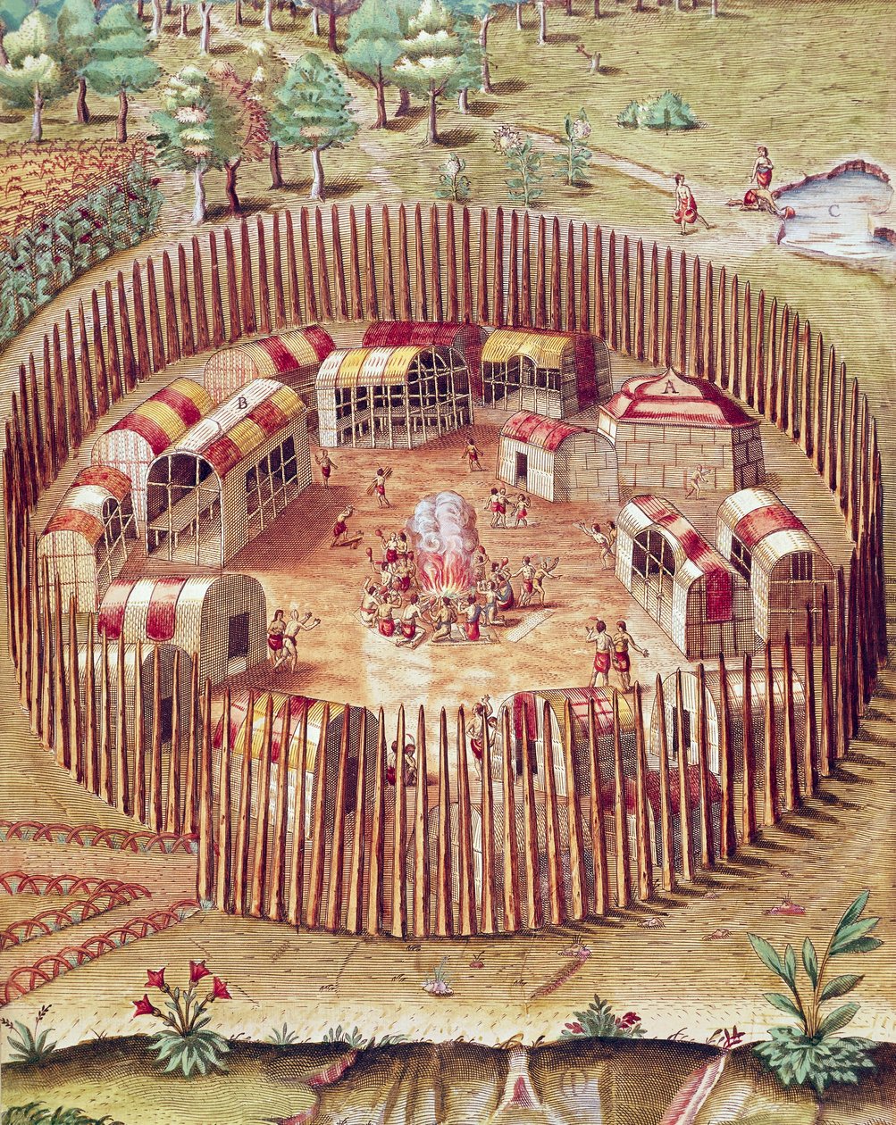 Indická opevněná vesnice Pomeiok, ilustrace od Admirandy Narratio, Theodore De Bry od Theodore de Bry
