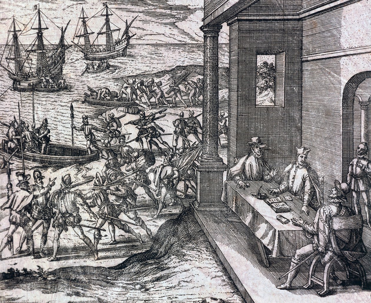 Dohoda mezi Francisco Pizarro, Diego de Almagro a Hernando de Luque prozkoumat a využít Peru od Theodore de Bry