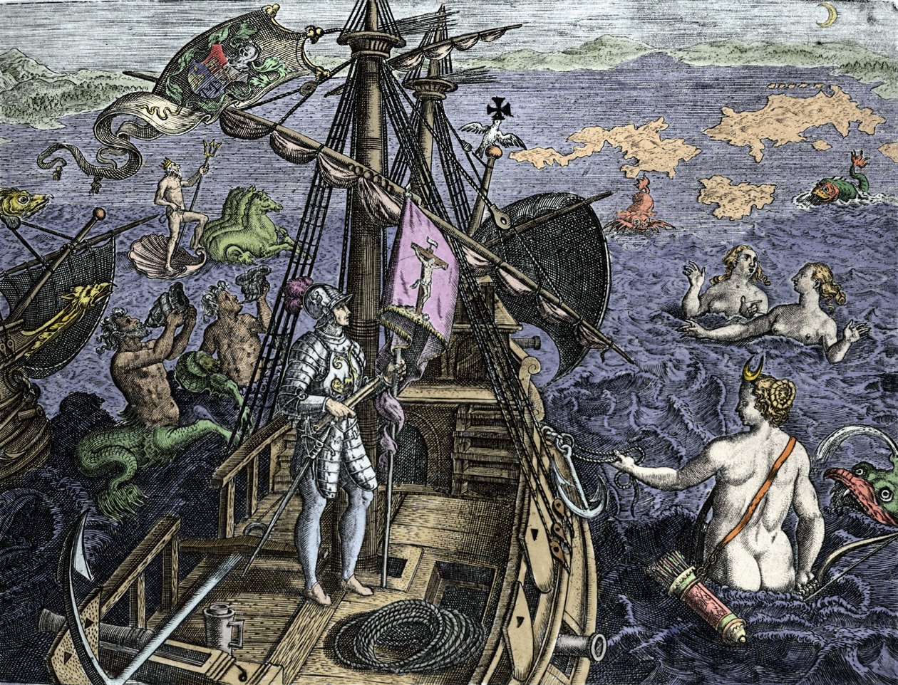 Allegorie des voyages de Christopher Columbus (1451-1506), rytina z "Historia America sive Novi Orbis" od Theodora de Bry (1527-1598), Amsterdam 1594 od Theodore de Bry