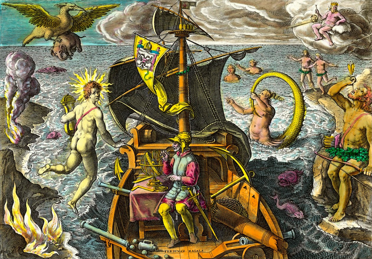 Alegorie o plavbách mořeplavce Fernanda de Magellan (1480-1521), zobrazuje na jeho lodi pomocí armilární koule a obklopuje mytologické postavy a fantastická zvířata. Rytina z „Admirante Narratio Americae““ od Theodora de Bry (1528-159 od Theodore de Bry