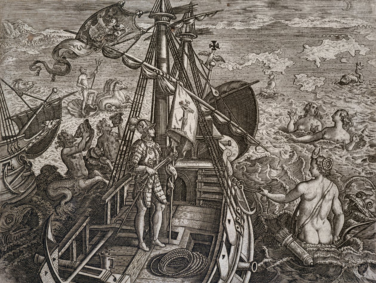 Alegorie cesty Kryštofa Kolumba k objevu Nového světa, rytina Theodora de Bry (1528-1598) od Theodore de Bry