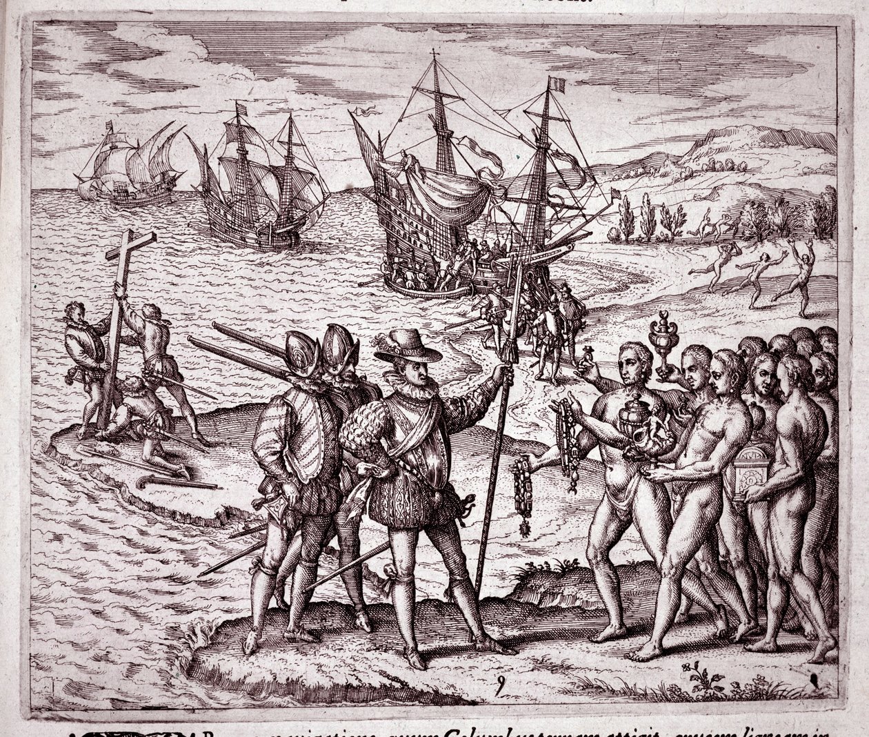 Příjezd Kryštofa Kolumba na ostrov Hispaniola v Západní Indii (rytina od Theodore de Bry
