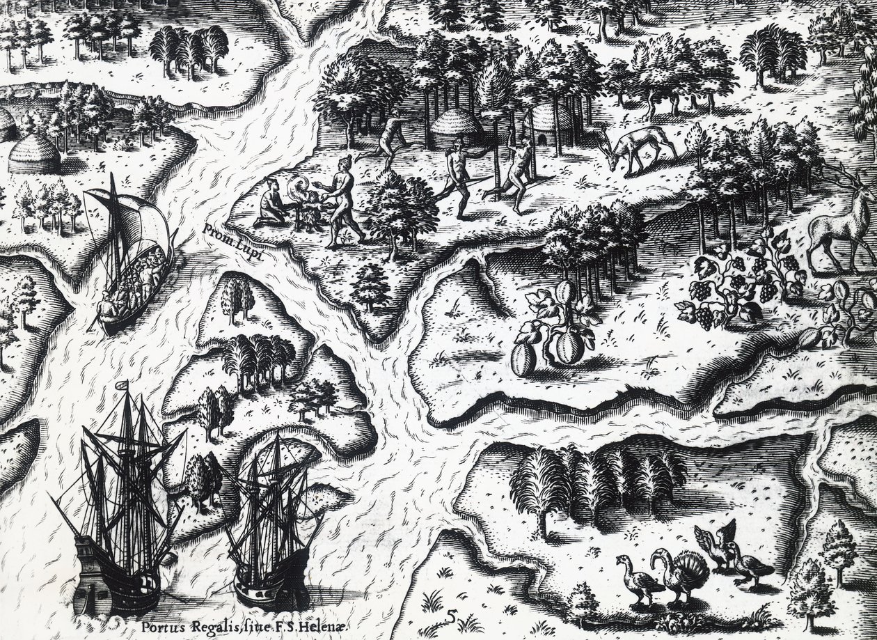 Příjezd Francouzů do Port Royal v roce 1564, Theodor de Bry (1528-1598) z malby Jacquese le Moyne de Morgues (asi 1533-před 1588), rytina od Theodore de Bry