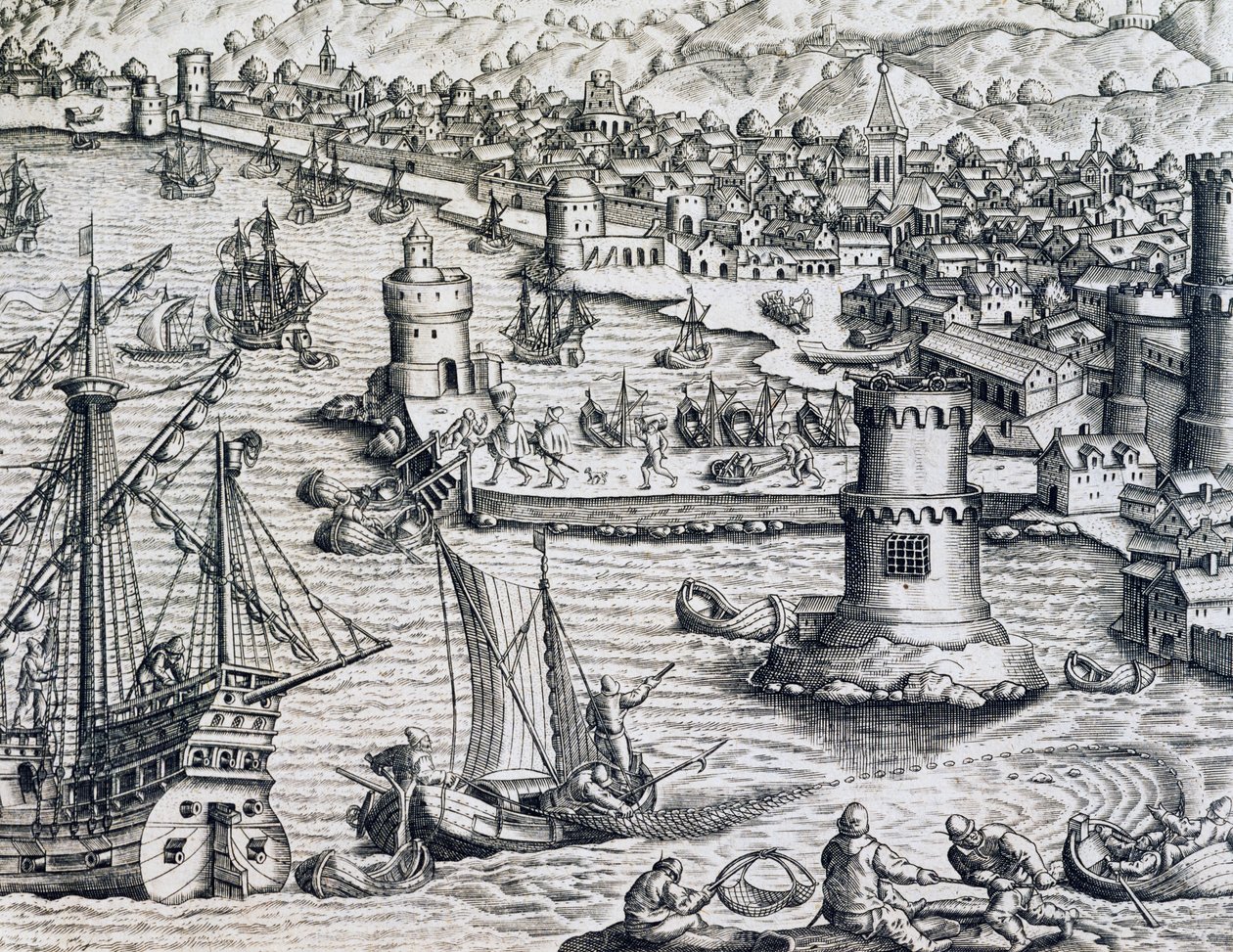 Příjezd Girolama Benzoniho do přístavu La Palma, rytina z knihy Historia Americae, autor Theodor de Bry (1528-1598), Frankfurt nad Mohanem od Theodore de Bry