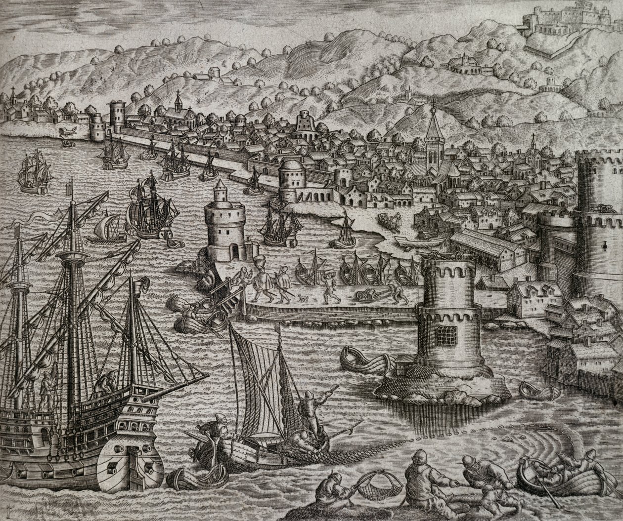 Příjezd Girolama Benzoni do přístavu Las Palmas během jeho cesty do Ameriky (1541), Kanárské ostrovy, rytina Theodora de Bry (1528-1598) od Theodore de Bry