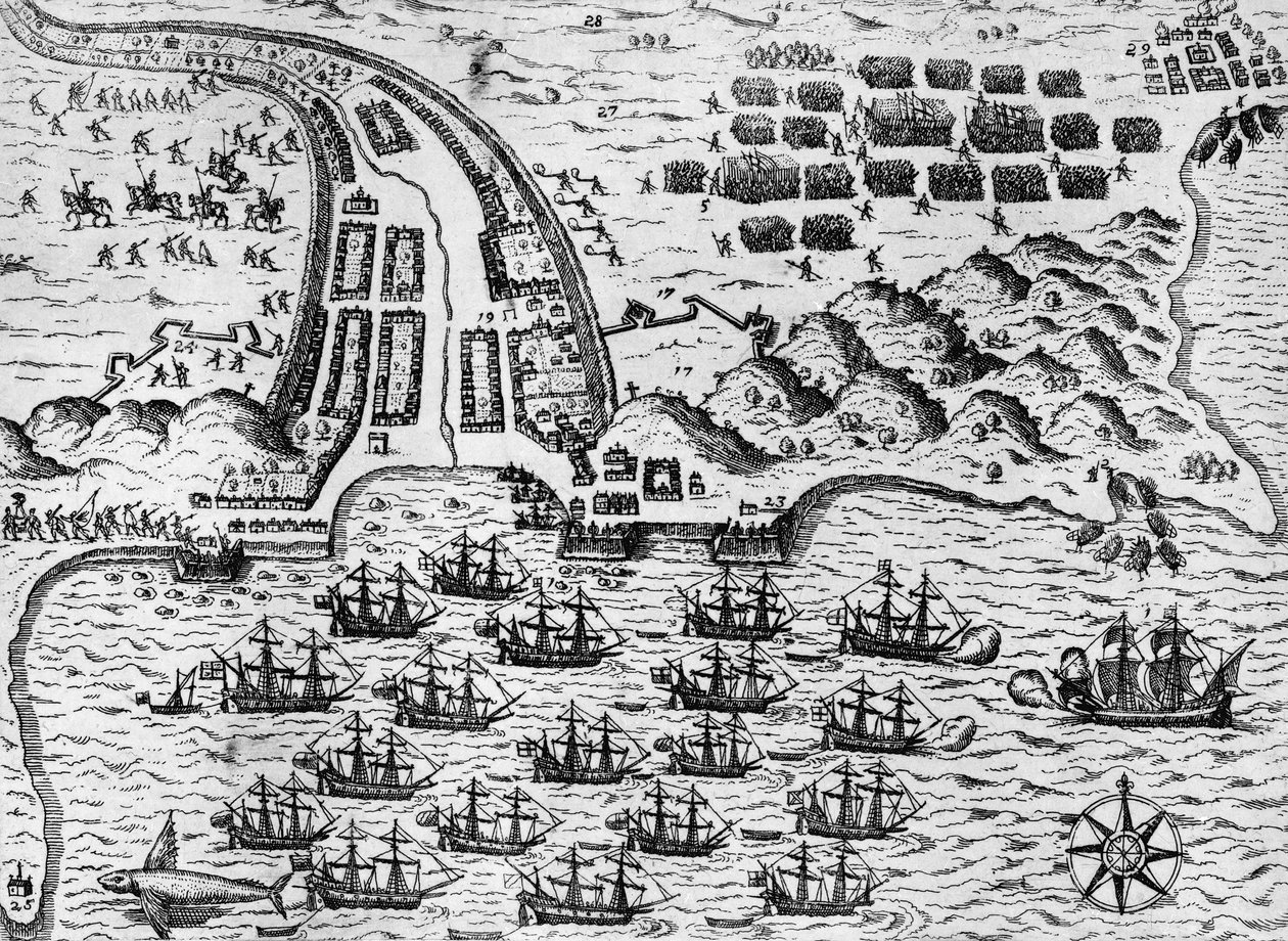 Útok na Santiago 27. listopadu 1585 (rytina) od Theodore de Bry