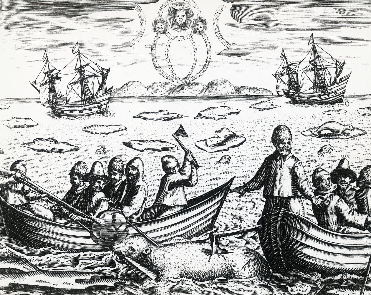 Lov polární záře a bílého medvěda během třetí výpravy vedené Williamem Barentsem (asi 1550-1597) při hledání severovýchodní cesty v roce 1596, od Theodora de Bry (1528-1598), rytina od Theodore de Bry