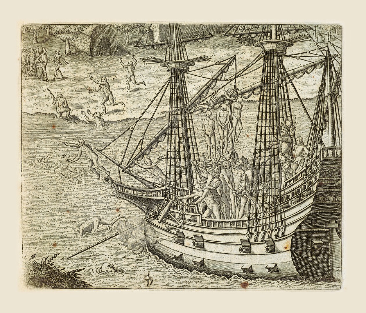 Bartolomeo Diaz věší nějaké indiány na karavelu, rytina Theodora de Bry (1528-1598) z Ameriky od Theodore de Bry