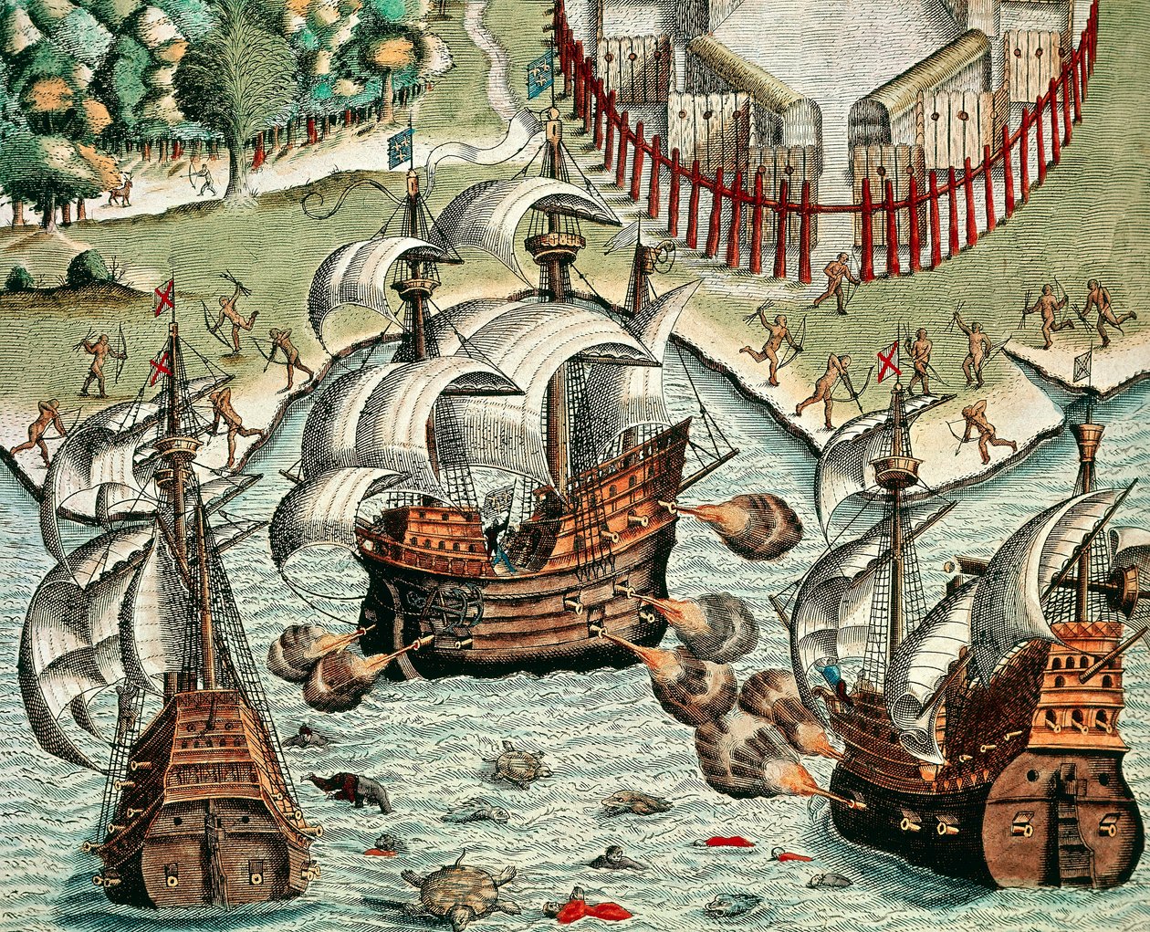 Bitva mezi Francouzi a Portugalci u Buttugaru od Theodore de Bry