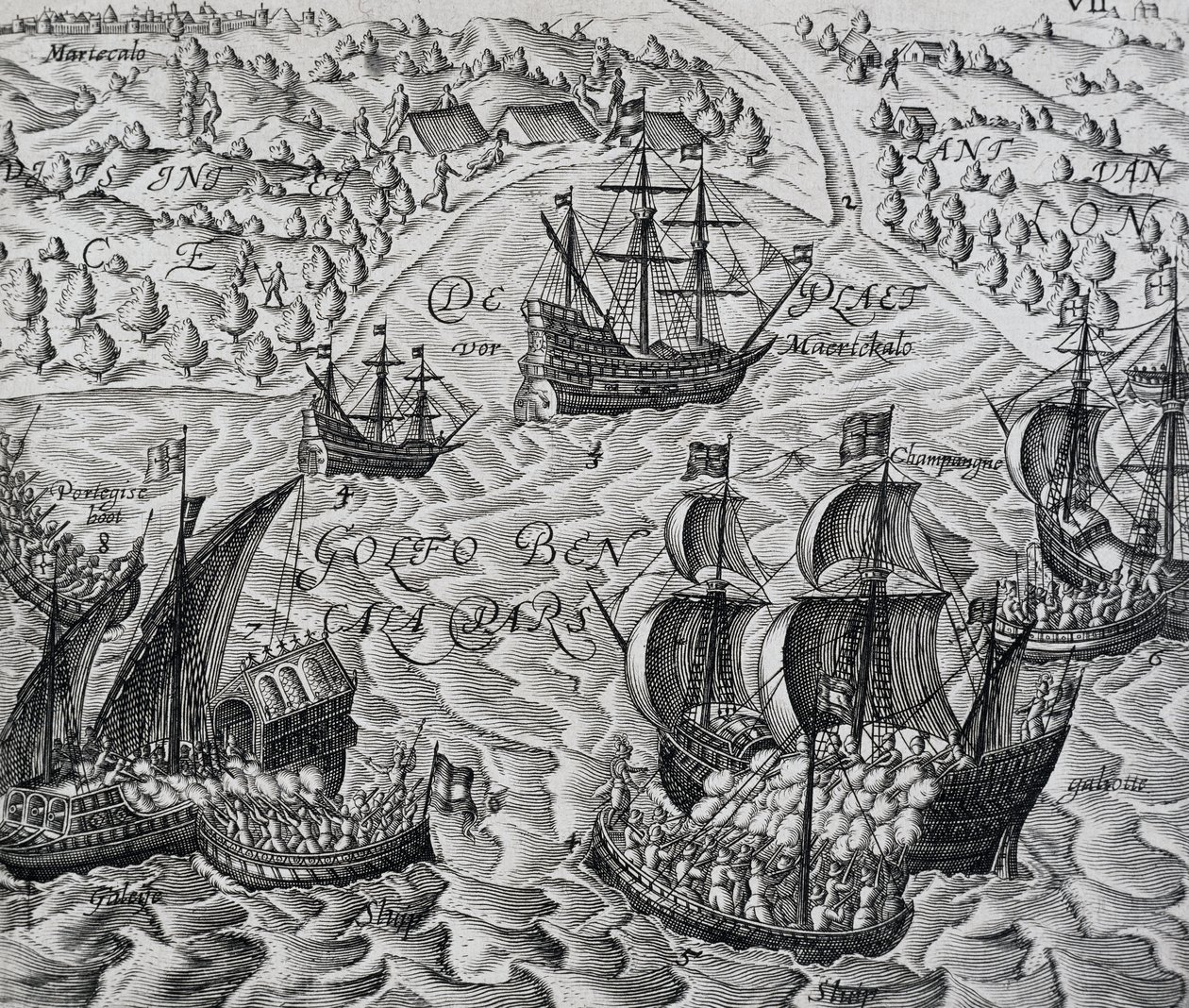 Bitva před městem Matical v Bengálském zálivu, rytina z Indiee Orientalis, Theodor de Bry (1528-1598) od Theodore de Bry