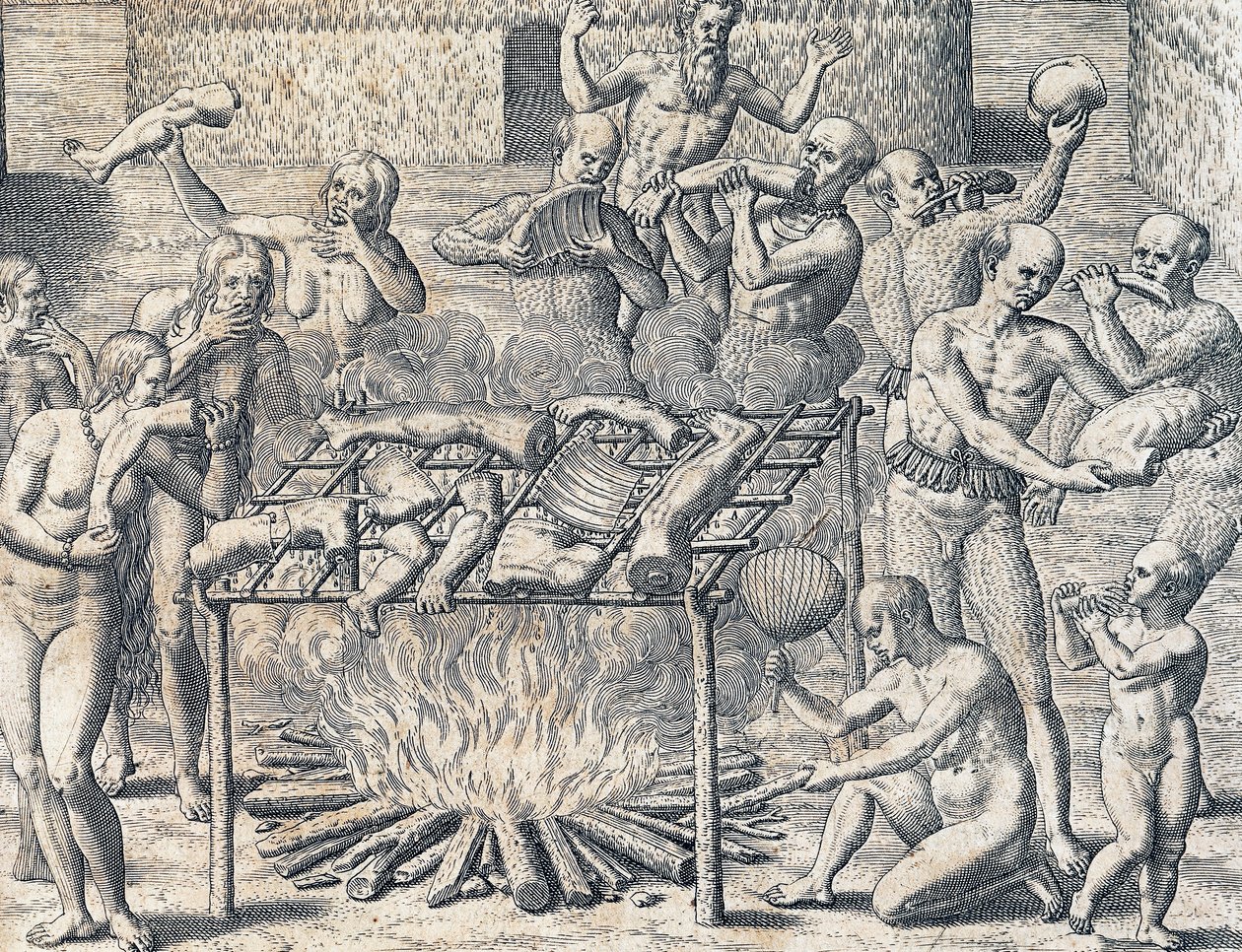 Kanibalismus kmenů ve vnitrozemí Brazílie, rytina z americké historie od Theodora de Bry (1528-1598), Frankfurt, Jižní Amerika od Theodore de Bry