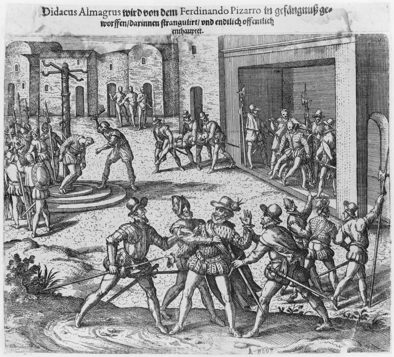 Zachycení, soud a poprava Diega de Almagro na příkaz Francisca Pizarra od Theodore de Bry