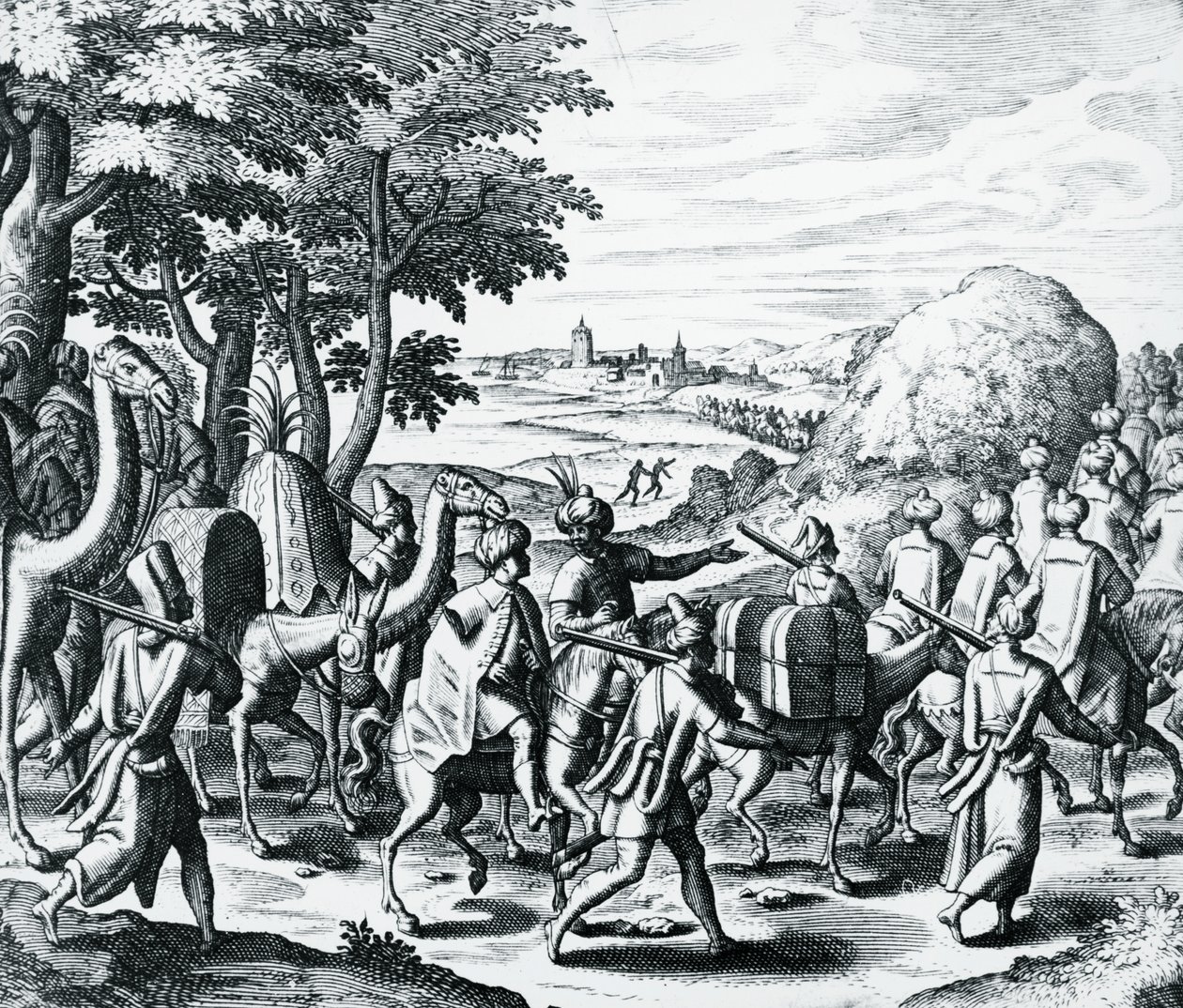 Karavana arabských obchodníků cestující z Aleppa do Basry, rytina z Grands and Petits Voyages, Theodor de Bry (1528-1598), Střední východ od Theodore de Bry