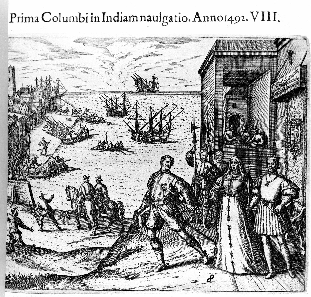 Kryštof Kolumbus a bratři Pinzonové opouštějí 3. 8. 1492 přístav Palos ve Španělsku do Nového světa. Vpravo Král a královna Portugalska Katolický katolík Ferdinand II. Aragonský a Isabella Iere Kastilská. Rytina Theodora de Bry v „“ Admirante od Theodore de Bry