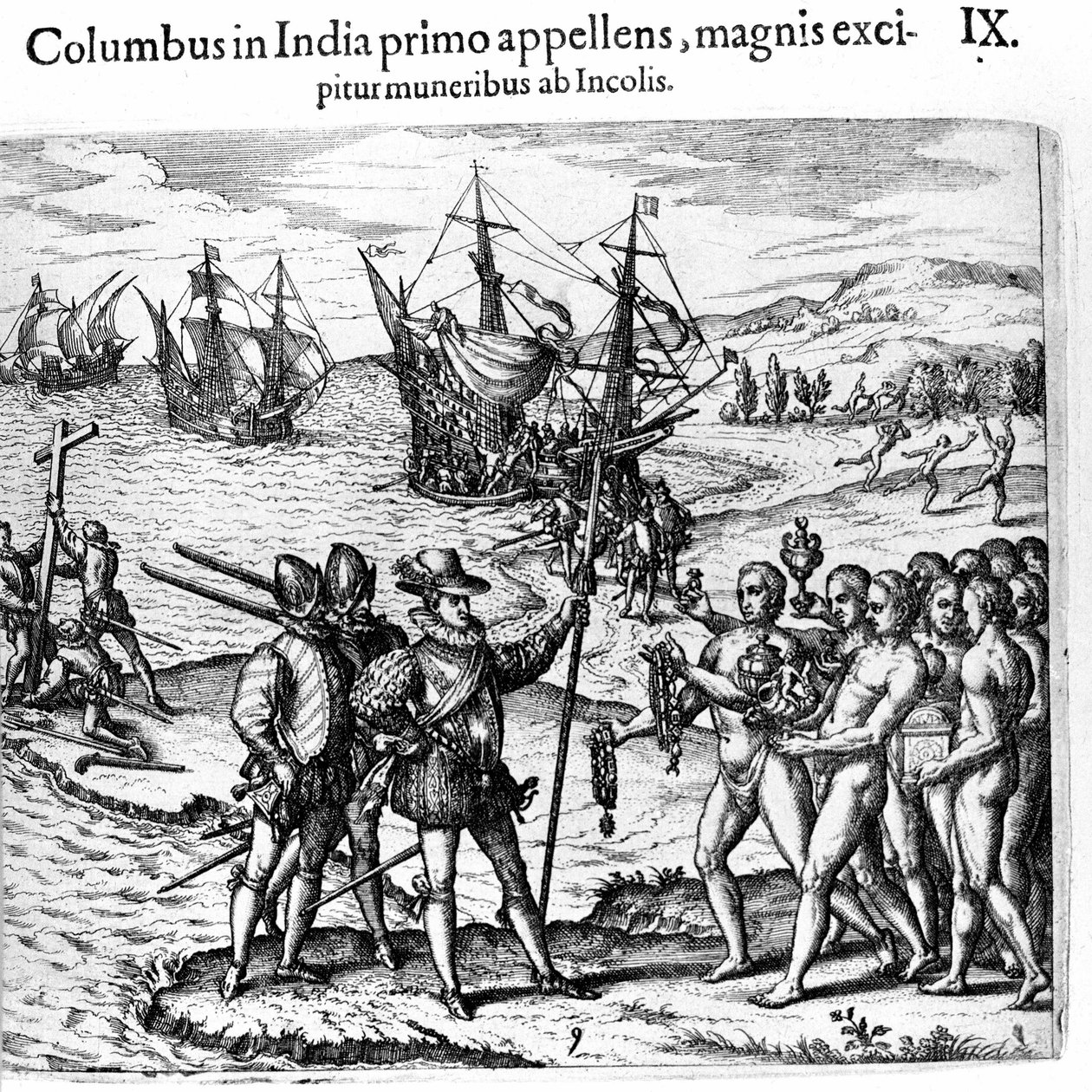 Christopher Columbus přijíždí do Západní Indie. Rytina Theodora de Bry v „“ Admirante Narratio - Americae““ od Theodore de Bry