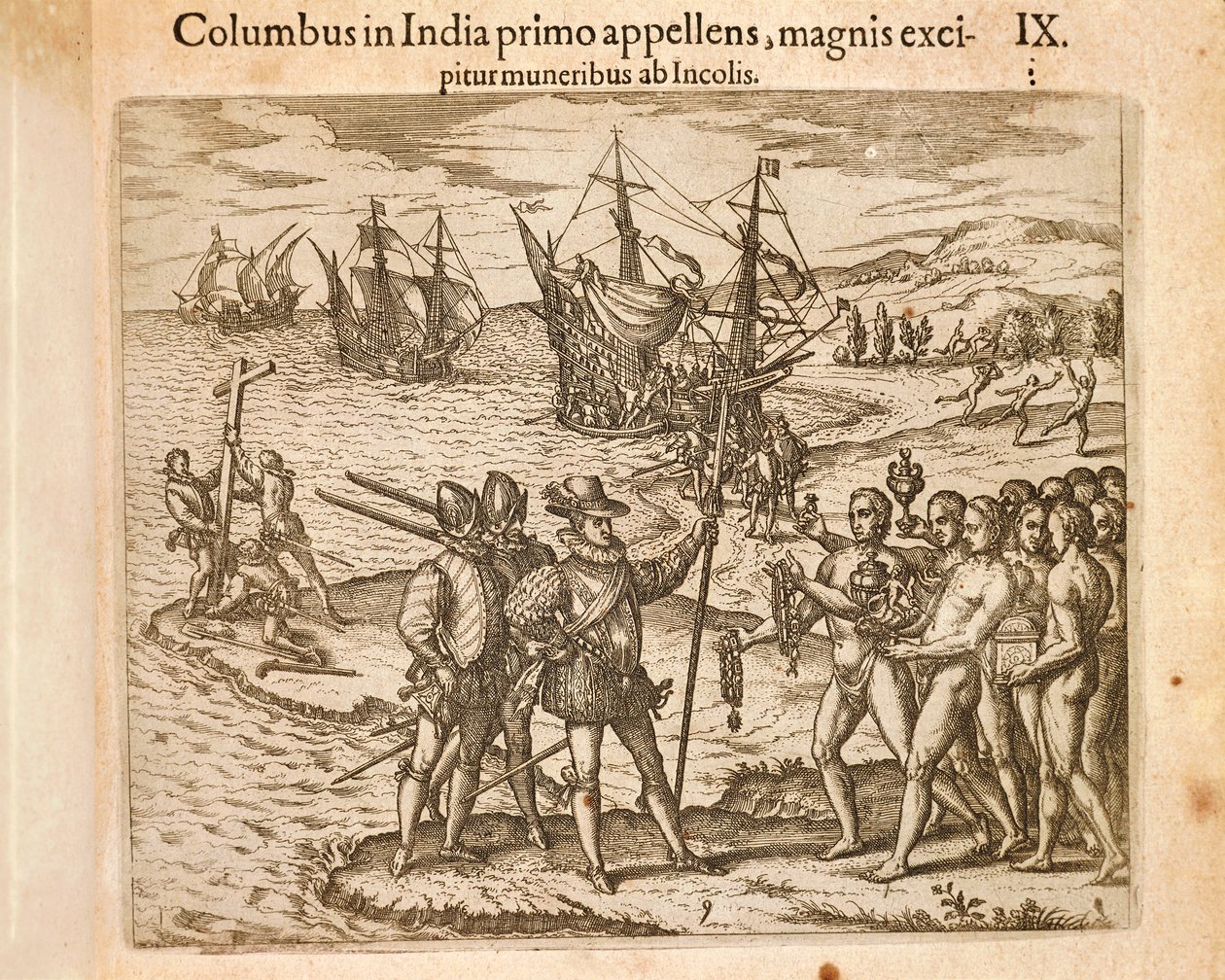 Kryštof Kolumbus přistává na ostrově Guanahani (San Salvador) 12. října od Theodore de Bry
