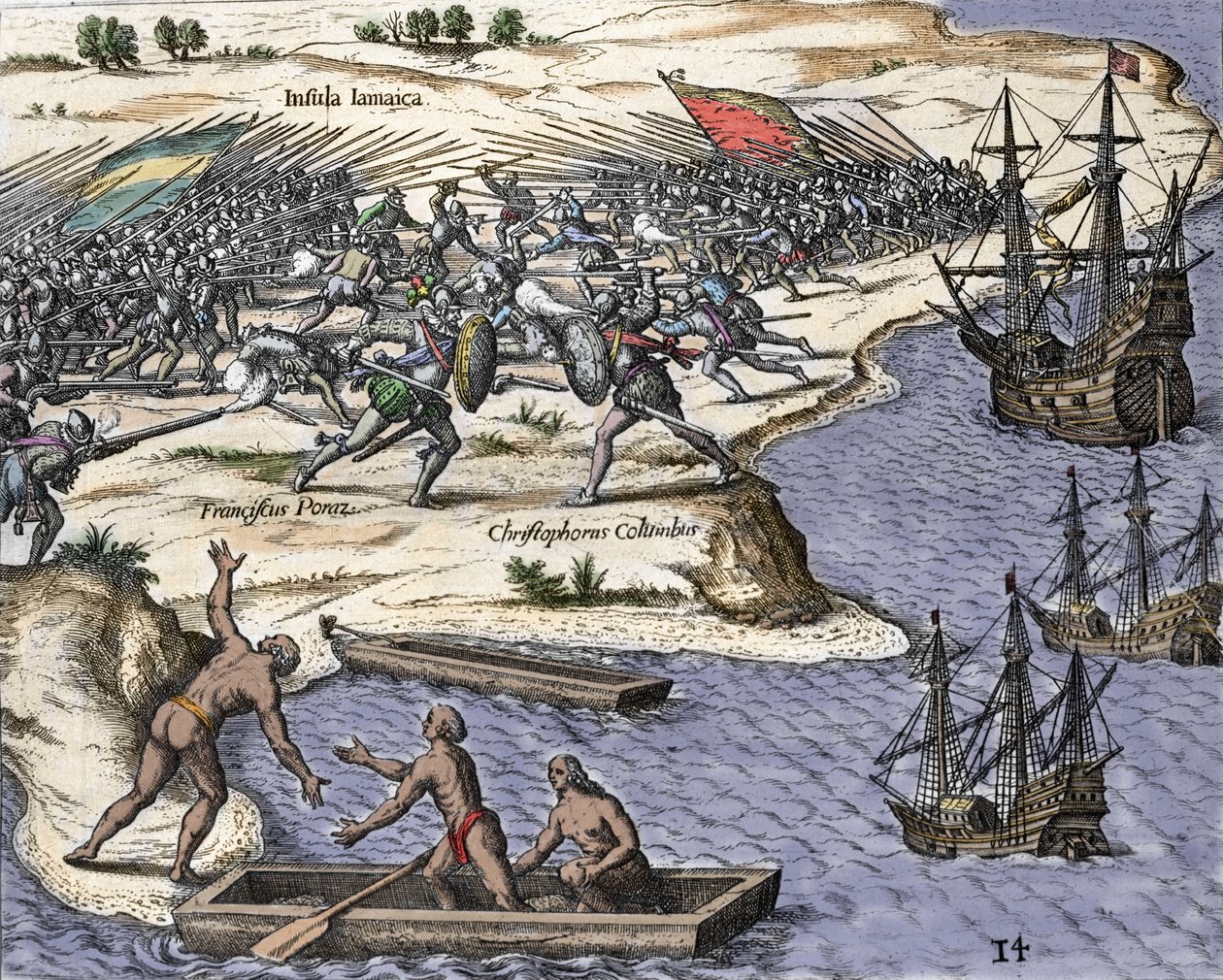 Čtvrtá cesta Kryštofa Kolumba na Jamajku v letech 1502-1504: bitva proti Franciscu Porazovi. Rytina z „Historia Americae sive Novi Orbis“ od Theodora de Bry (1527-1598), Amsterdam 1594. od Theodore de Bry