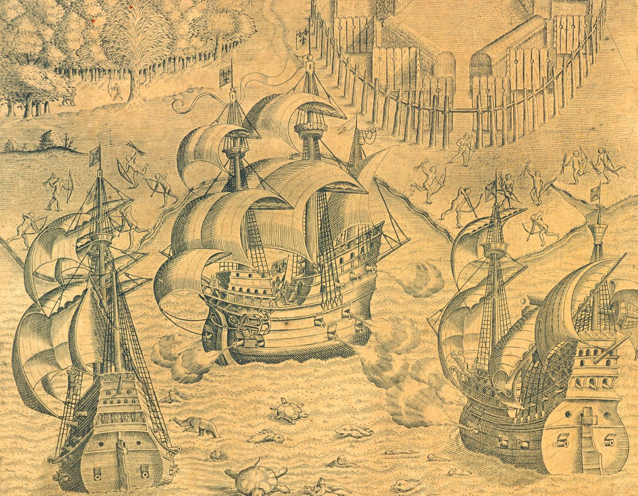 Střet mezi francouzskými a portugalskými loděmi v Atlantském oceánu o vlastnictví Brazílie, ilustrace z americké historie Theodore de Bry od Theodore de Bry