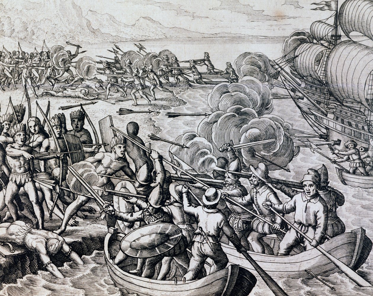 Střet mezi domorodými Indiány a španělskými jednotkami, rytina z Historia Americae, Theodor de Bry (1528-1598), Frankfurt od Theodore de Bry
