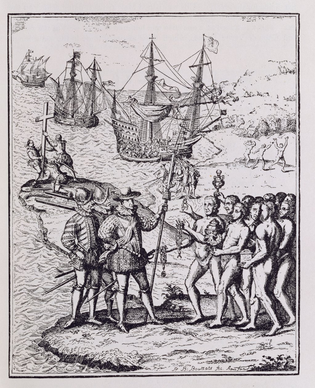 Columbus at Hispaniola, z „Narrative and Critical History of America“, editoval Justin Winsor, Londýn, 1886 od Theodore de Bry