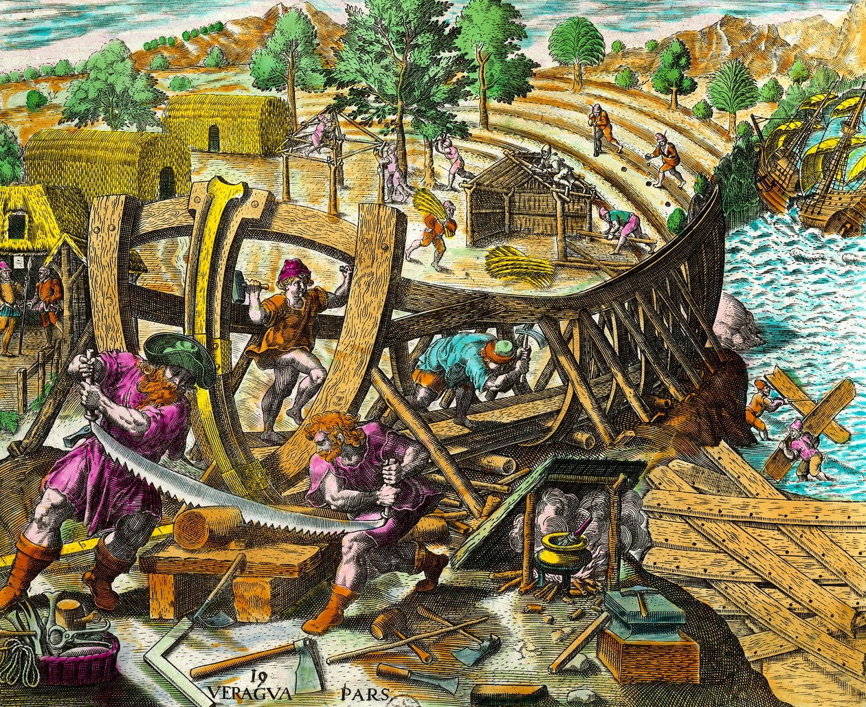 Stavba lodi pro španělského mořeplavce Vasca Nuneze de Balboa (1475-1517) Rytina z „Historie Ameriky“ od Theodora de Bry (1528-1598) 16. století. Soukromá sbírka od Theodore de Bry