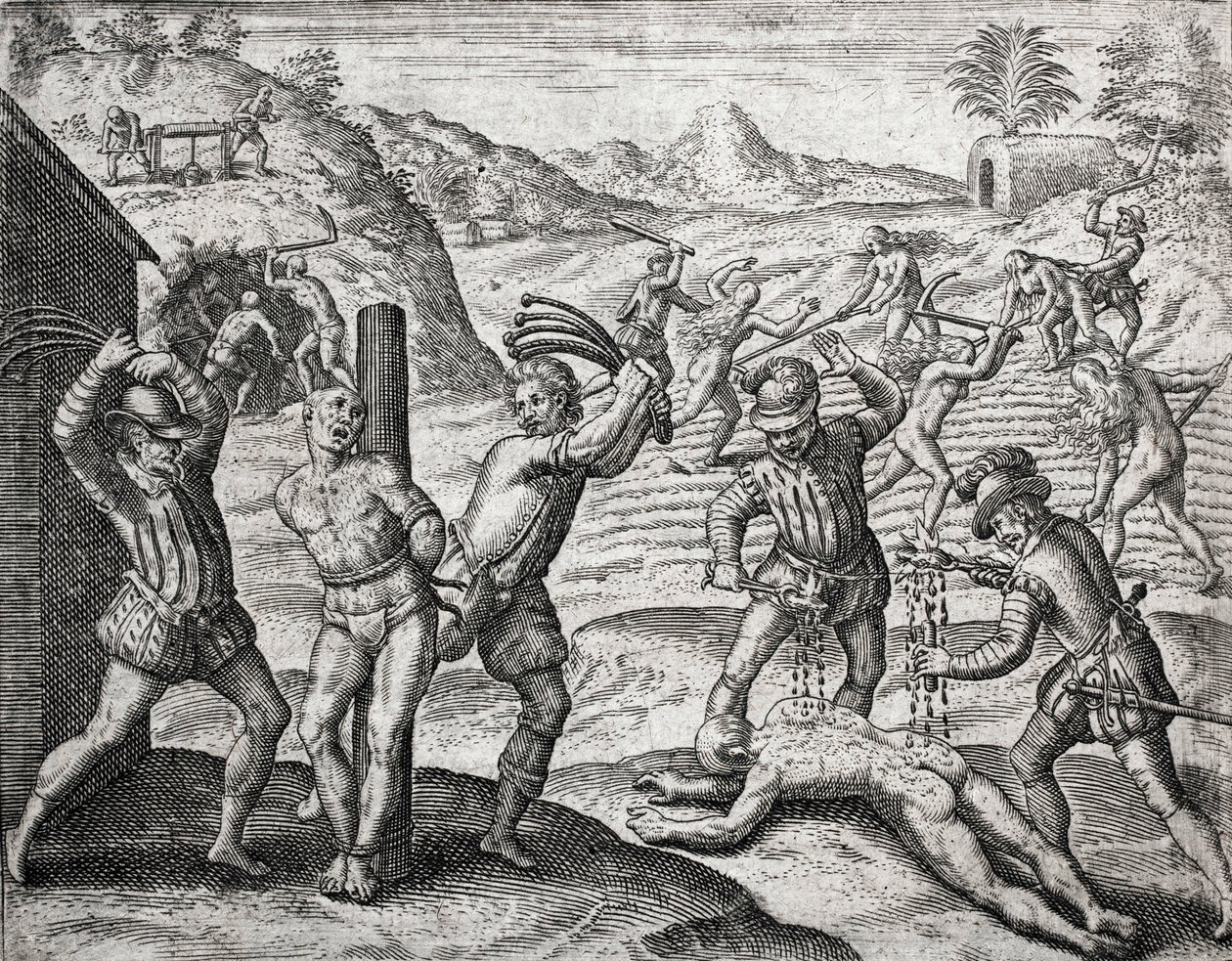 Popis zločinů spáchaných na Indiánech španělskými osadníky - Španělé mučící Indiány - Rytina Theodora de Bry v „Brevisima Relacion de la Destruction de las Indias““ od Bartolome de las Casas (1484-1566) od Theodore de Bry