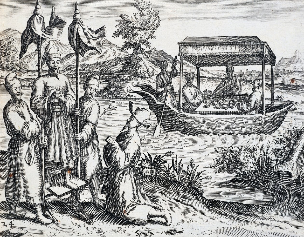 Ulice hodnostářů, z cesty, kterou podnikl Jan Huyghen van Linschoten (1563-1611) v letech 1583 až 1592, rytina z Indie Orientalis od Theodora de Bry (1528-1598), Čína od Theodore de Bry