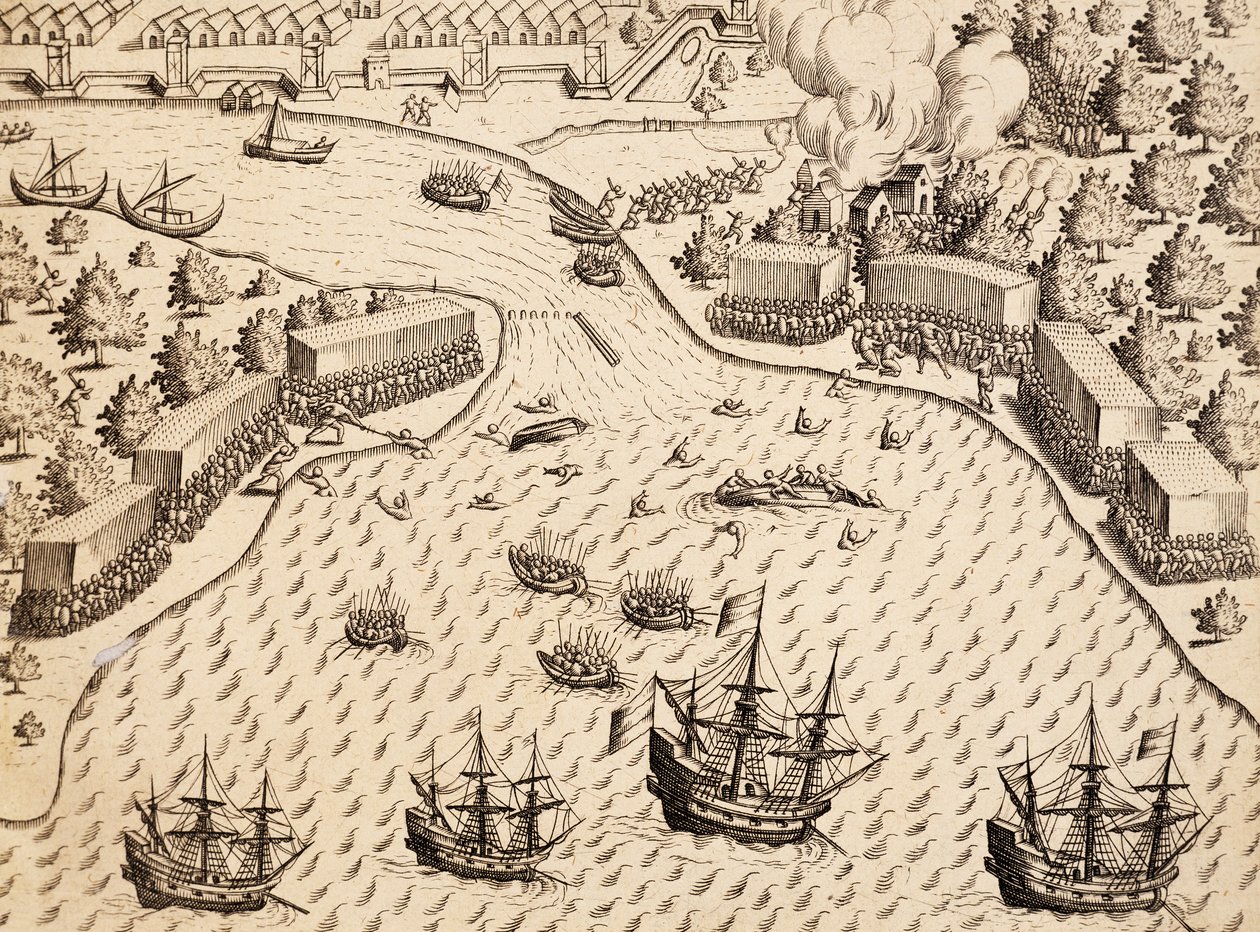 Holanďané přijíždějící na ostrov Madura, Jáva, rytina z díla India Orientalis, Theodor de Bry (1528-1598), Indonésie od Theodore de Bry