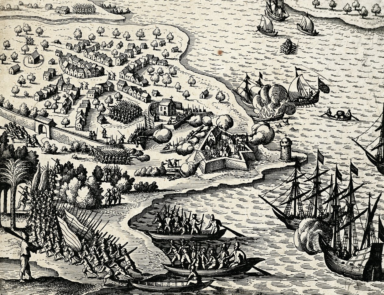 Holandská expedice podél pobřeží Mosambiku, rytina z Indie orientalis od Theodora de Bry (1528-1598) od Theodore de Bry