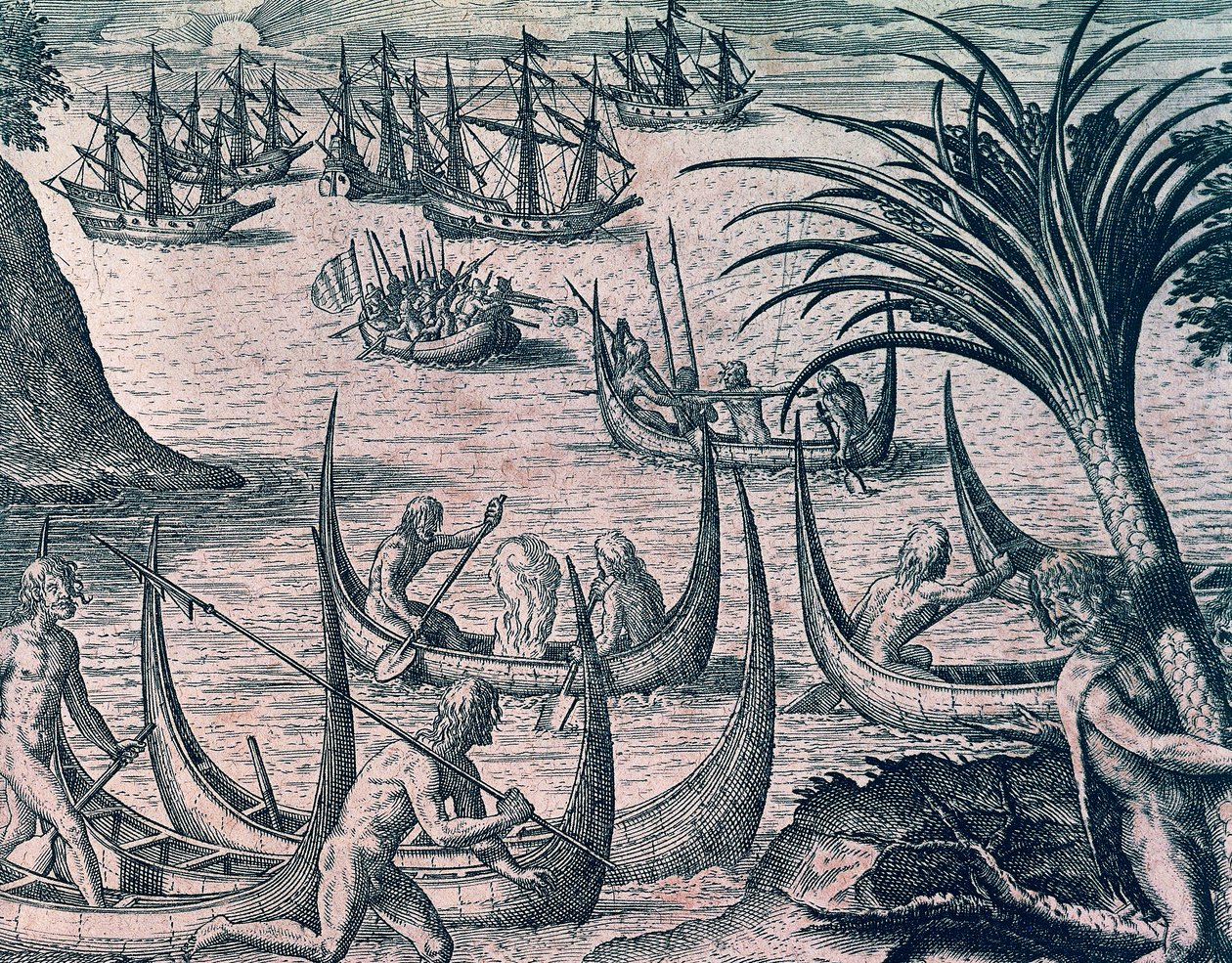 Holandské lodě v Magellanově průlivu, rytina z americké historie od Theodora de Bry (1528-1598), Frankfurt od Theodore de Bry