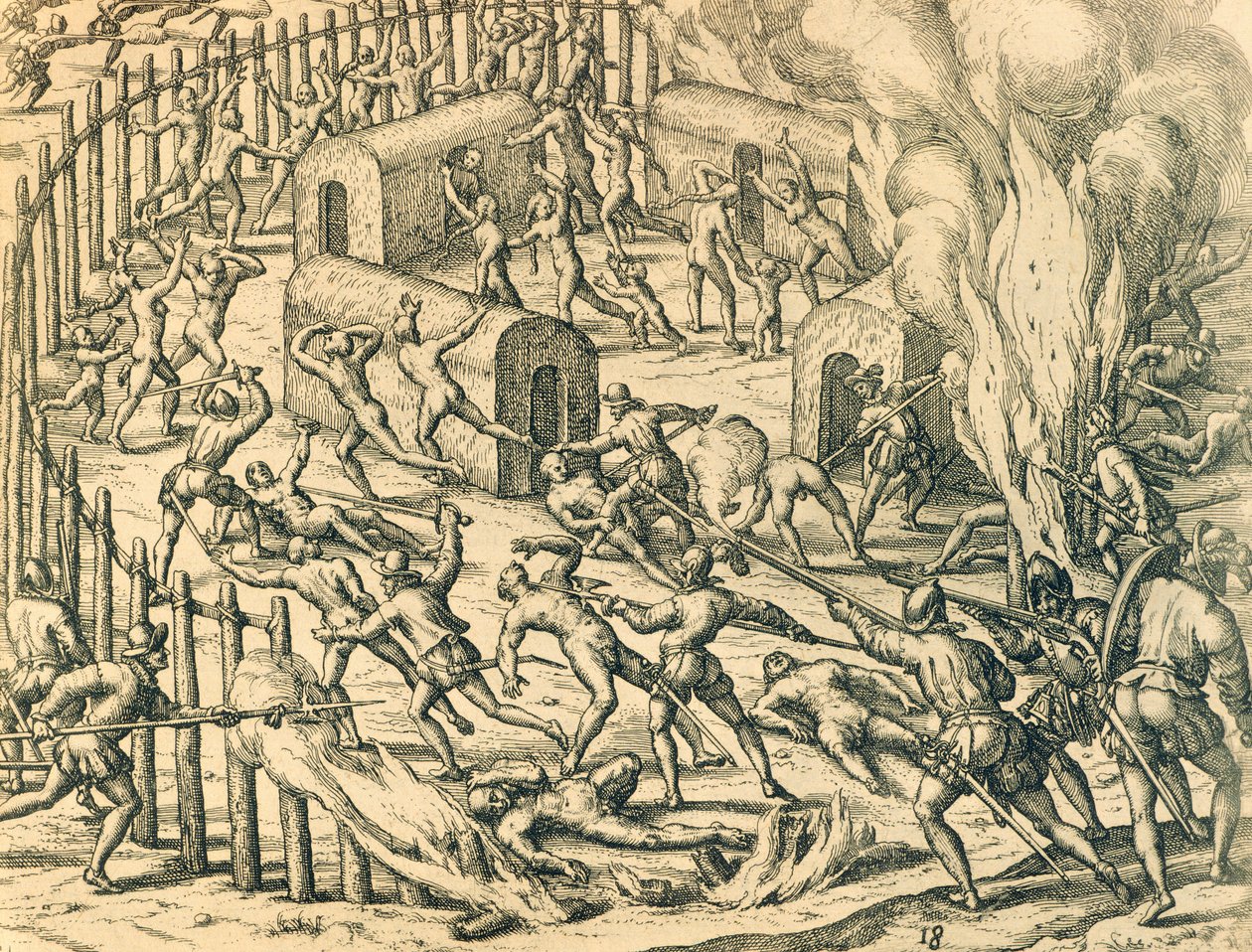 Evropští dobyvatelé útočí na indiánskou vesnici, ilustrace z americké historie od Theodora de Bry od Theodore de Bry