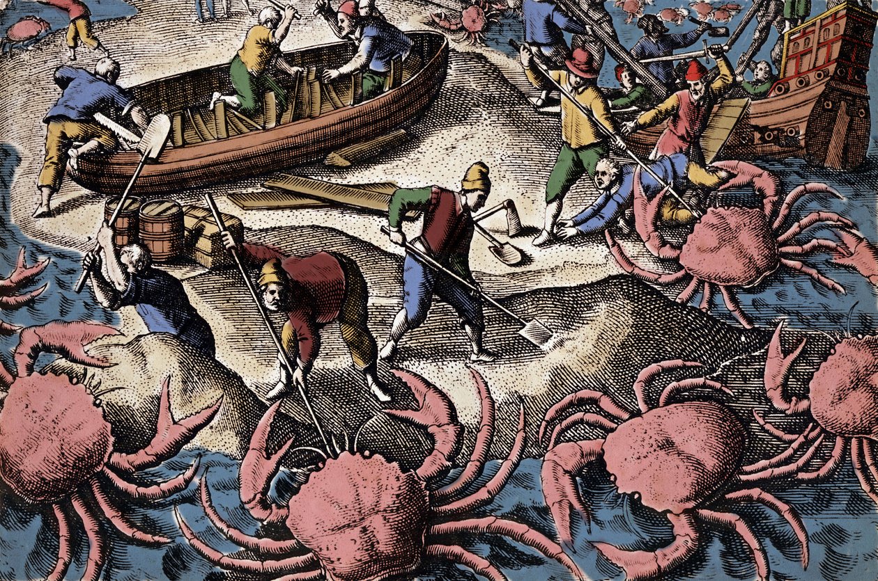 Evropští navigátoři bojující s velkým krabem. Rytina z „Petities voyages aux Indes Orientales“ od Theodora de Bry od Theodore de Bry