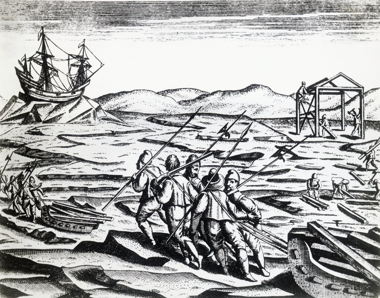 Expedice vedená Williamem Barentsem (asi 1550-1597) při hledání severovýchodní cesty, z Peregrinationes, Theodor de Bry (1528-1598), rytina od Theodore de Bry