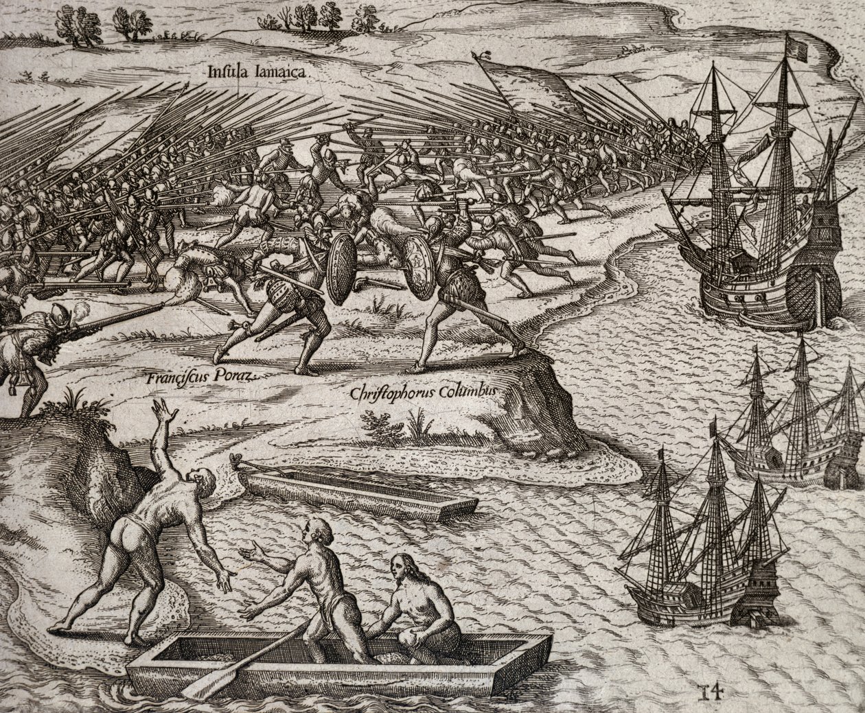 Boj mezi Kryštofem Kolumbem a Francescem Poresiem na Jamajce, rytina Theodora de Bry (1528-1598) od Theodore de Bry