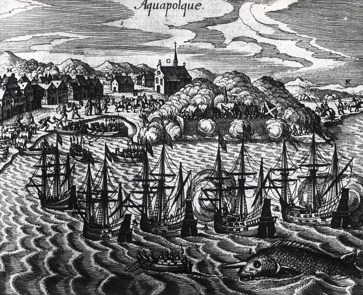 Flotila galeon v přístavu Acapulco, Theodor de Bry (1528-1598), rytina od Theodore de Bry