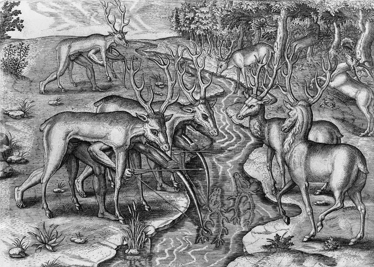 Floridští indiáni loví, přestrojení za jelena, Spojené státy americké, rytina Theodora de Bry (1528-1598) od Theodore de Bry