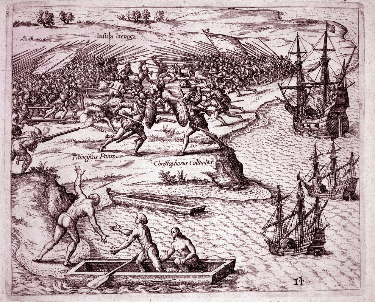 Čtvrtá plavba Kryštofa Kolumba na ostrov Jamajka v roce 1503 (rytina od Theodore de Bry