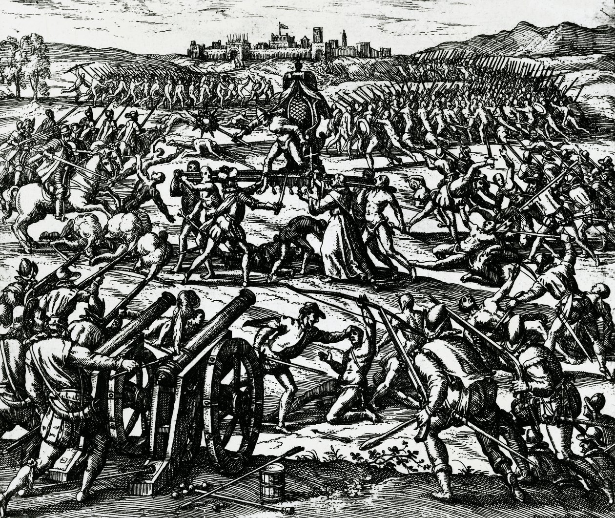 Vojáci Francisca Pizarra (asi 1475-1541) zajali inckého císaře Atahualpu během bitvy u Cajamarca, 16. listopadu od Theodore de Bry