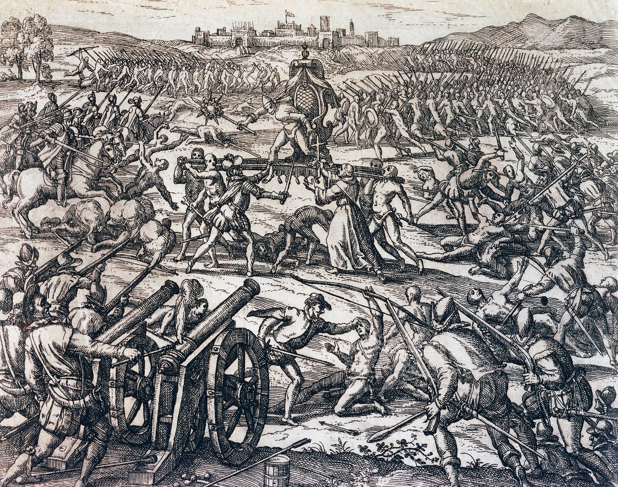Vojáci Francisca Pizarra (asi 1475-1541) zajímající inckého císaře Atahualpu během bitvy u Cajamarca, 16. listopadu od Theodore de Bry