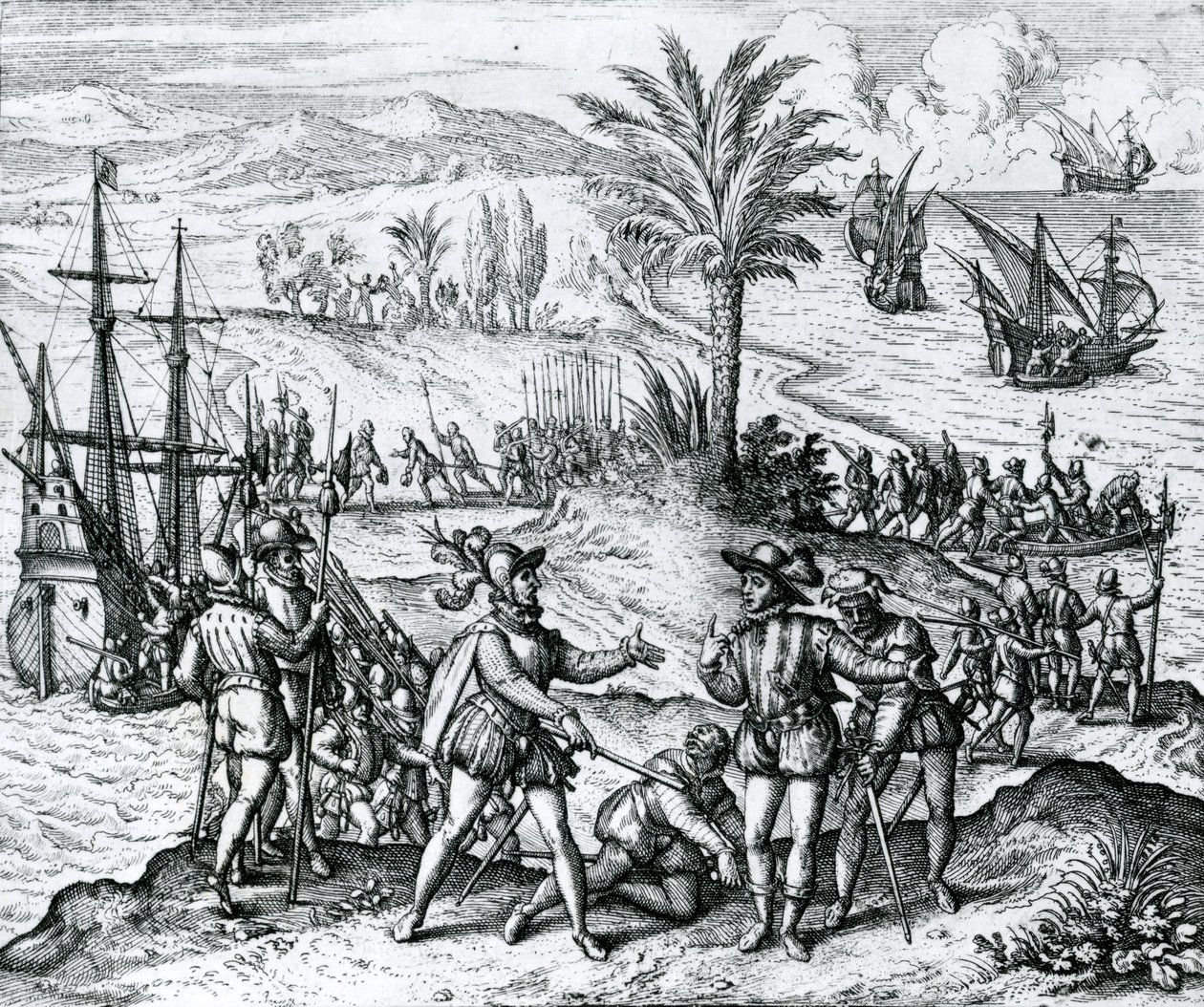 Francisco de Bobadilla přijíždí jako guvernér a zatýká Kryštofa Kolumba (1451-1506) v Hispaniole, 1500, 1590 od Theodore de Bry
