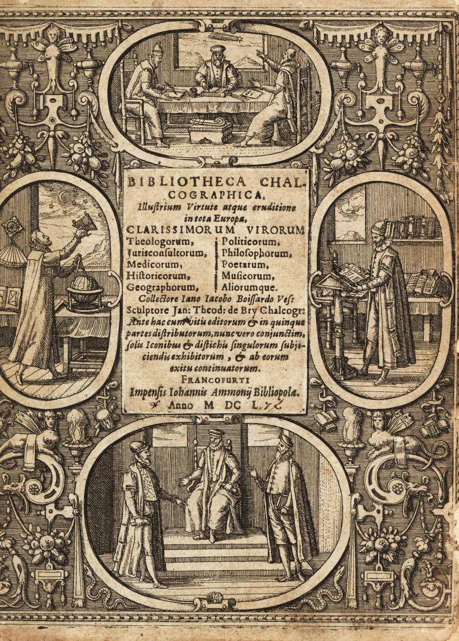 Frontispis s vinětami vědců uvnitř hranic. od Theodore de Bry