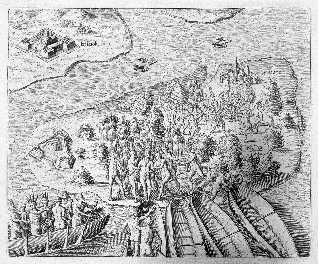 Hans Staden zajat indiány Tupinamba během své plavby do Brazílie v roce 1552 z knihy „Newe Welt und Americanische Historien“ od Johanna Ludwiga Gottfrieda, kterou vydal Mattaeus Merian, Frankfurt, 1631 (angl. od Theodore de Bry