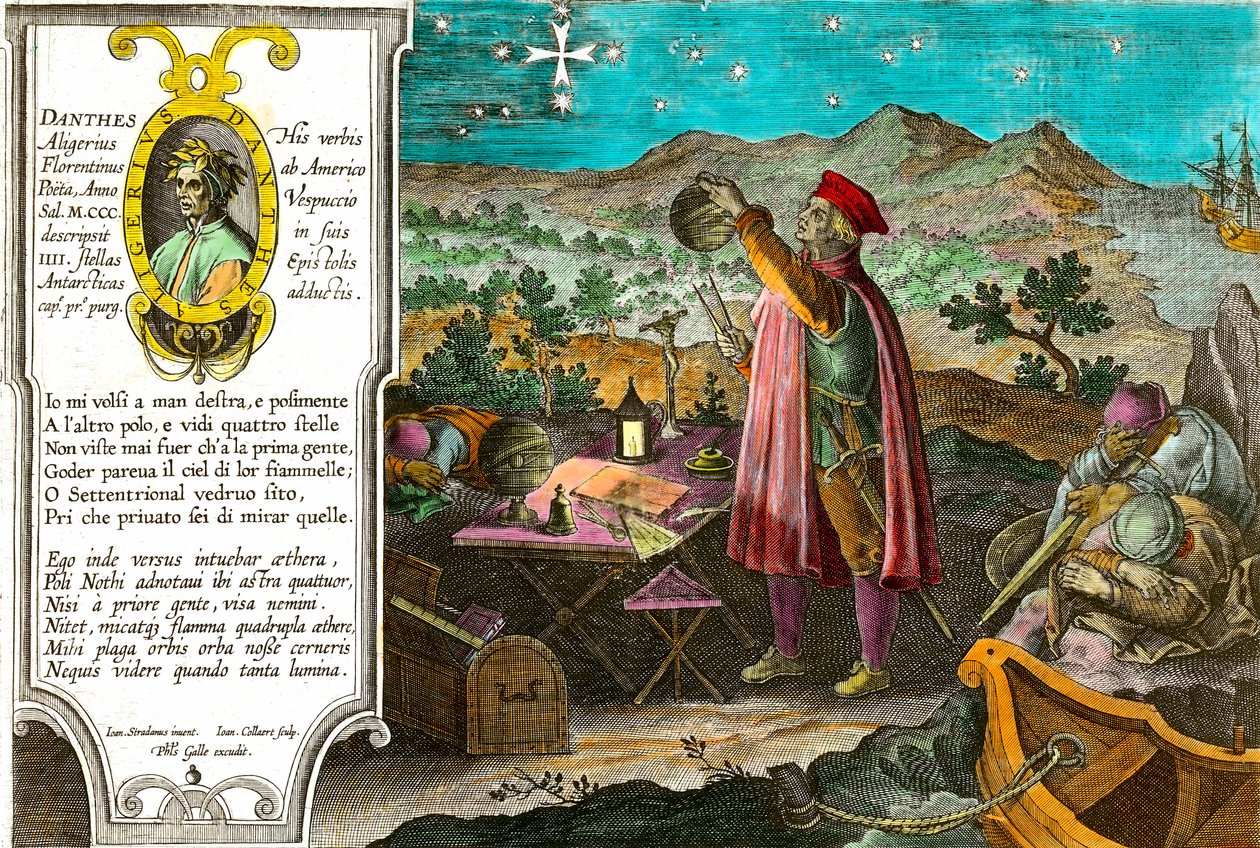 Historie Ameriky: Amerigo Vespucci (Americus Vespucius) (1451/1454-1512), italský obchodník a mořeplavec používá svůj astroláb k měření jižního kříže. Levý portrét italského básníka Dante Alighieriho (1265-1321) a pasáž první písně čt. od Theodore de Bry