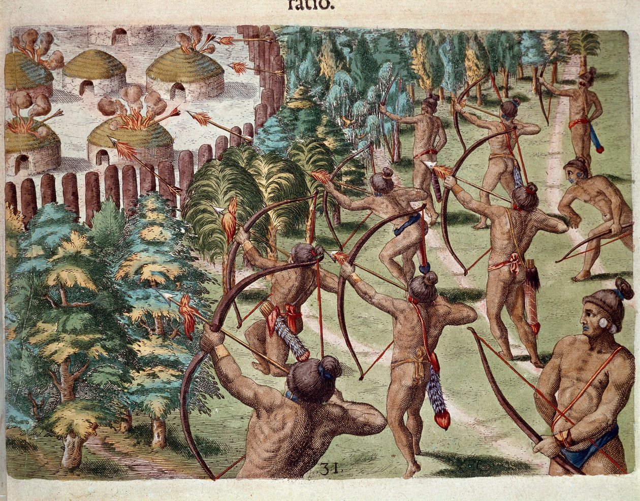 Historie Ameriky: „“ Indiánský kmen útočí v noci na vesnici na Floridě““ Rytina z „“ Admirante Narratio Americae““ od Theodora de Bry (1528-1598) od Theodore de Bry