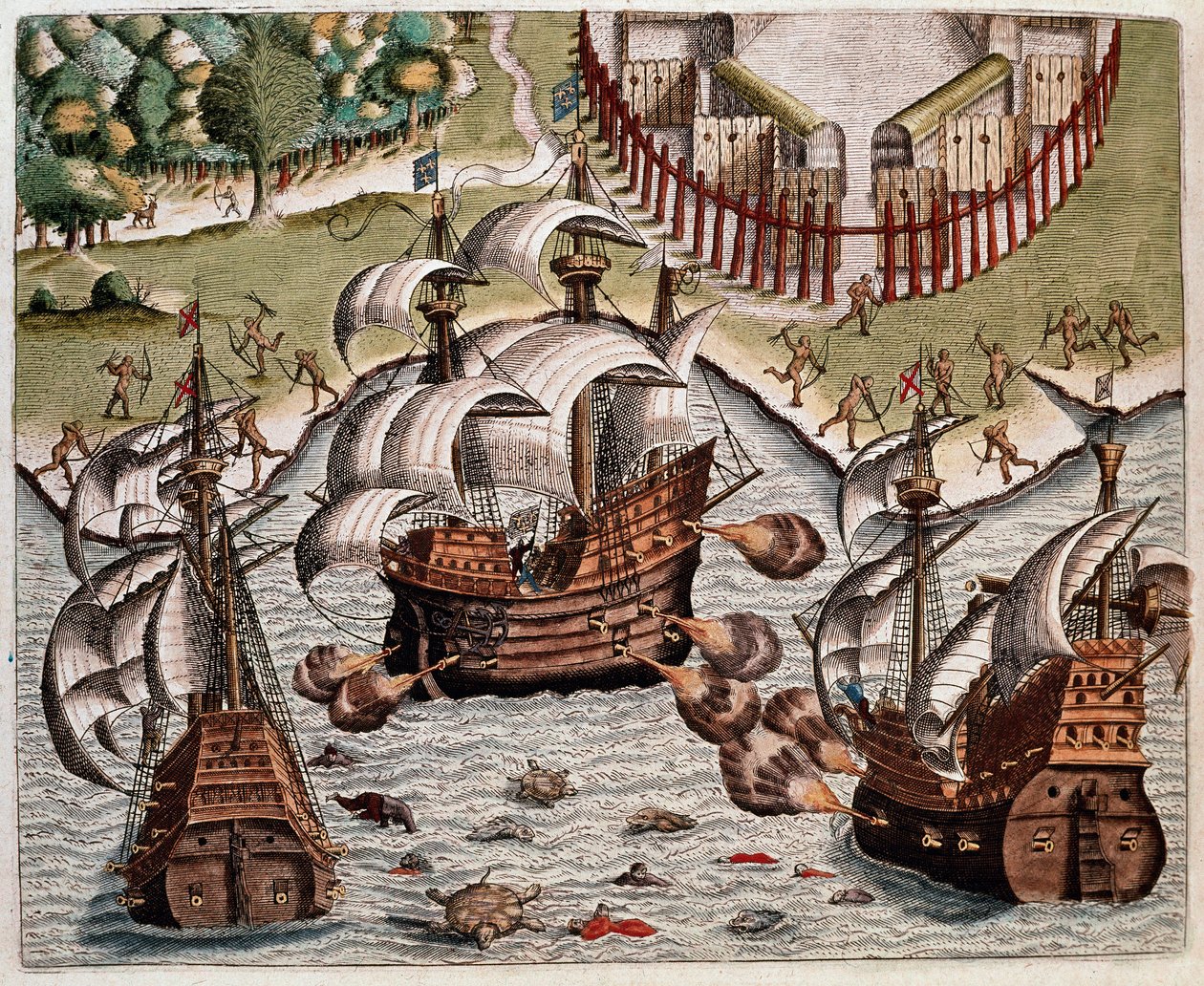 Historie Ameriky: „“ Bitva mezi portugalskými a francouzskými flotilami u pobřeží Brazílie v Potiguaranských mořích““ Výmluva o plavbách Hanse Stadena, německého průzkumníka, který odešel se španělskými flotilami do Brazílie, zajatého Tupinambou v roce od Theodore de Bry